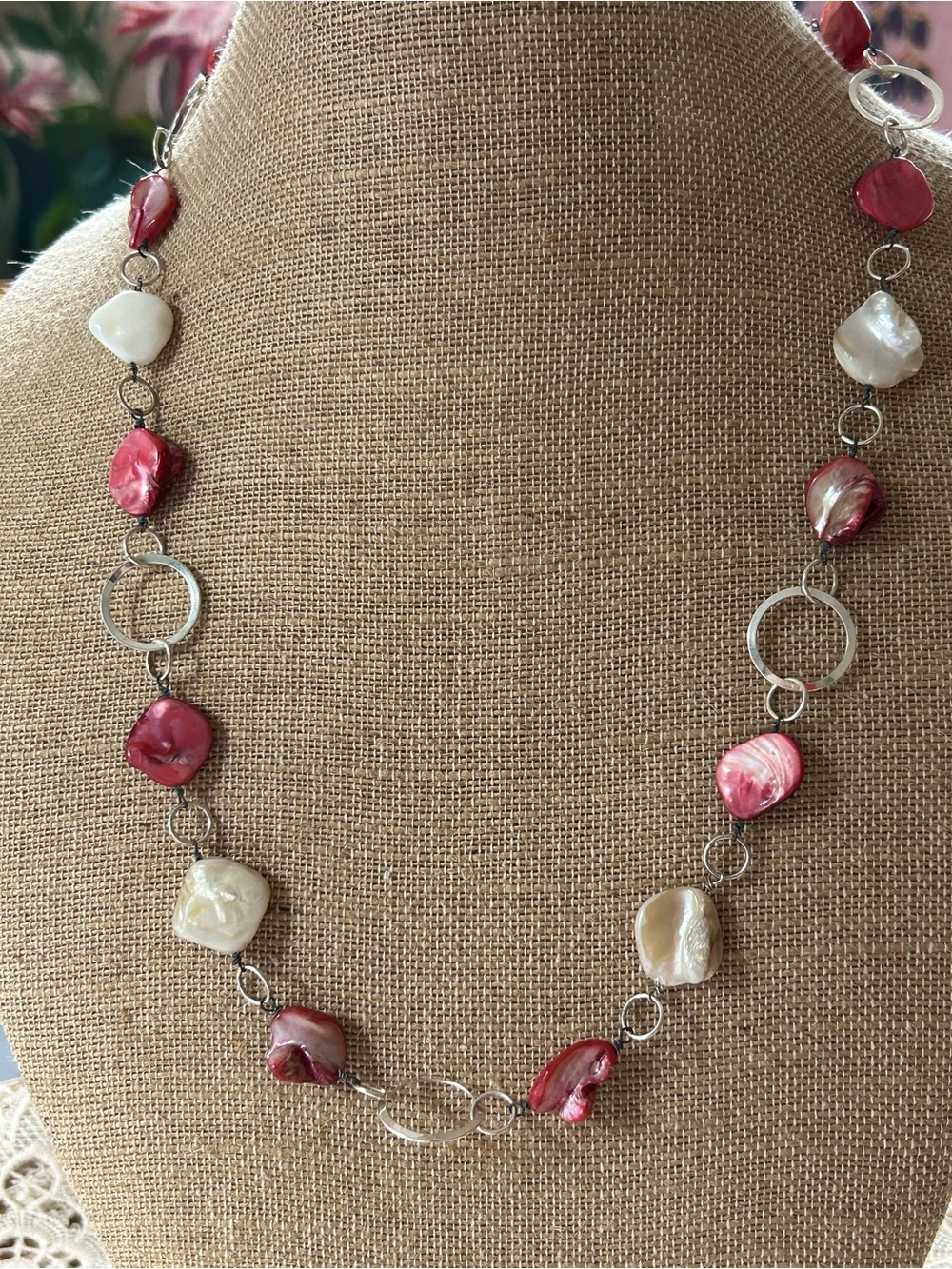 Silver tone Abalone station necklace